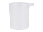 Translucent plastic measuring cup with volume markings up to 150ml and a small handle.