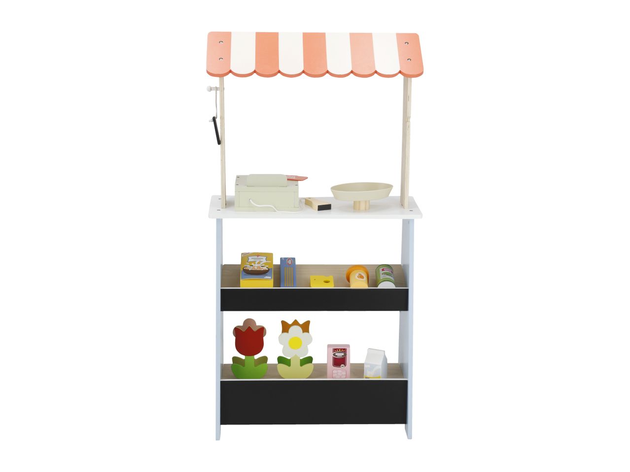 Wooden toy market stall with striped canopy, cash register, scale, and various play food items.