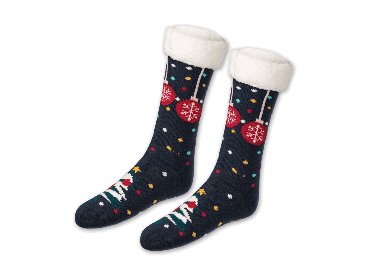 Dunkelblaue Weihnachtssocken mit flauschigem weißem Bund und festlichen Motiven