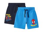 Two pairs of boys' shorts, one navy with a full Spider-Man graphic, one blue with a Spider-Man mask.