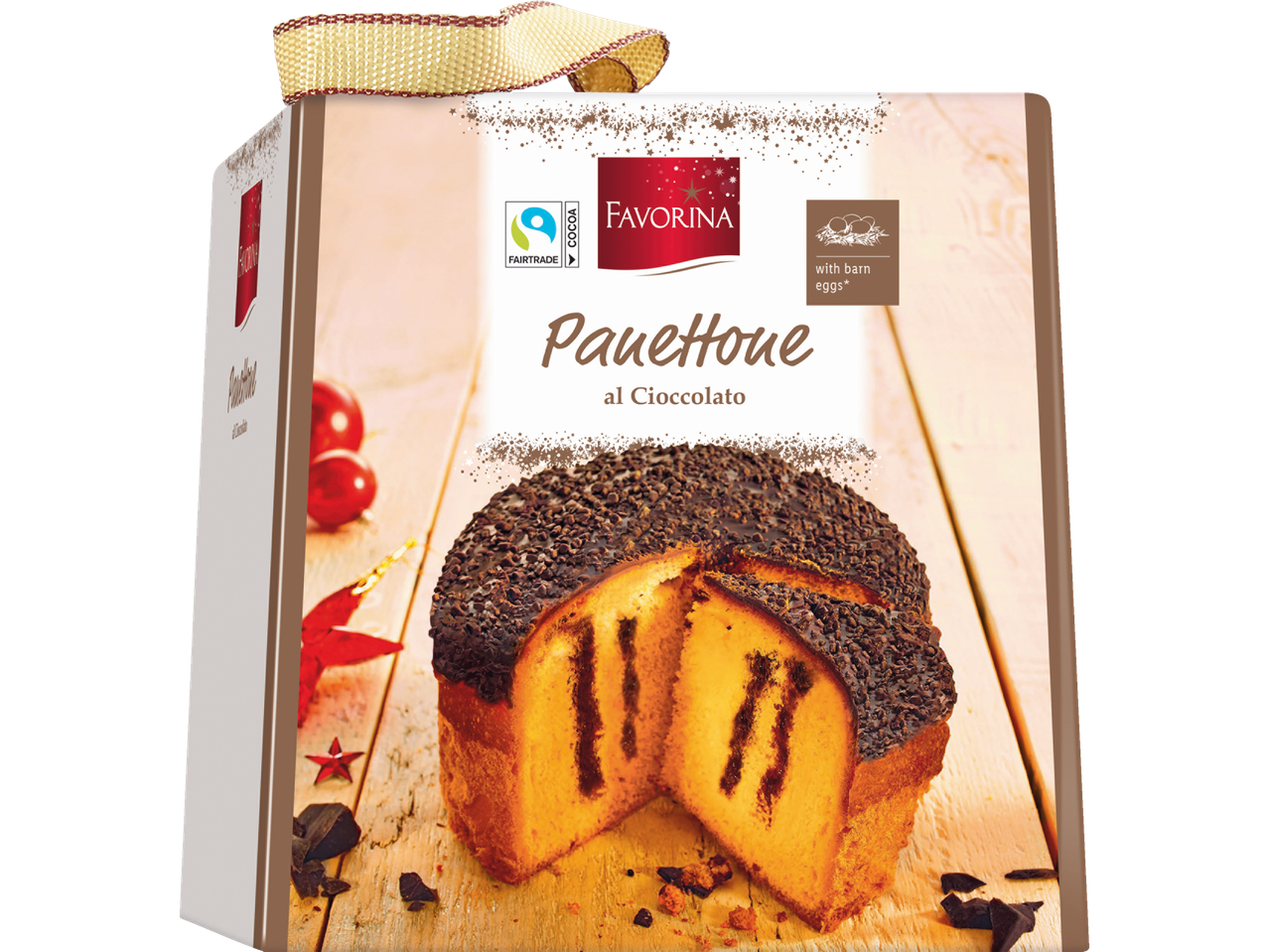 Favorina šokoladinio panettonės dėžutė su kaspinu ir kalėdinėmis dekoracijomis.