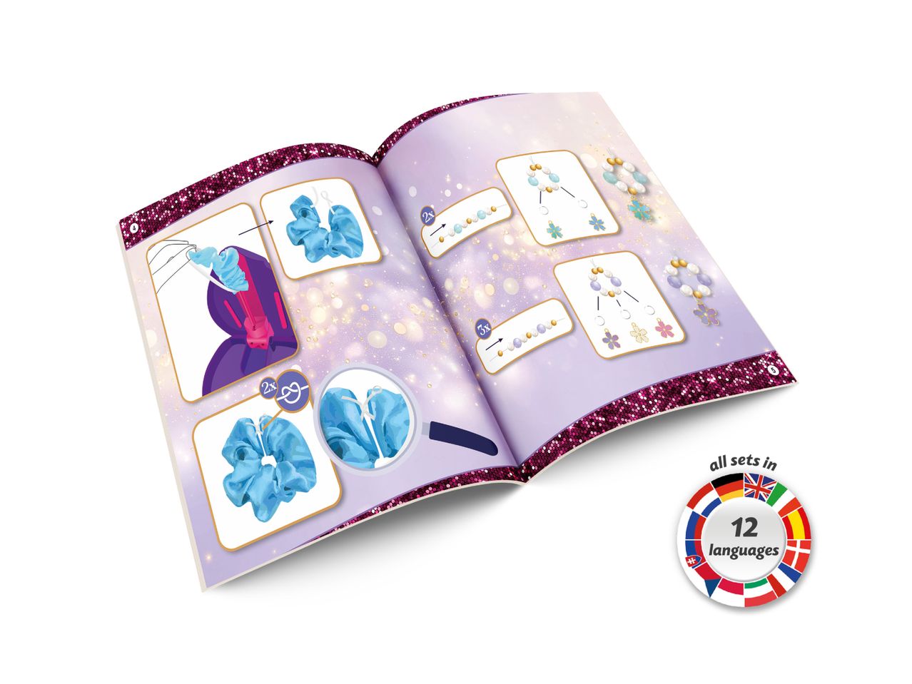 Instruction manual for crafting scrunchies and beaded jewelry, available in 12 languages.