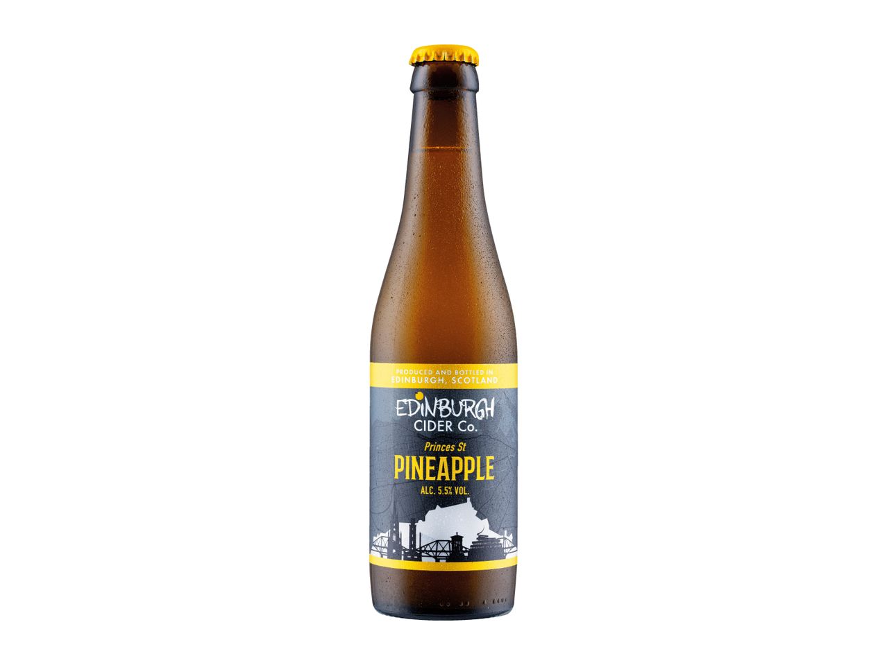 A bottle of pineapple cider with a yellow cap and label, featuring an Edinburgh skyline.