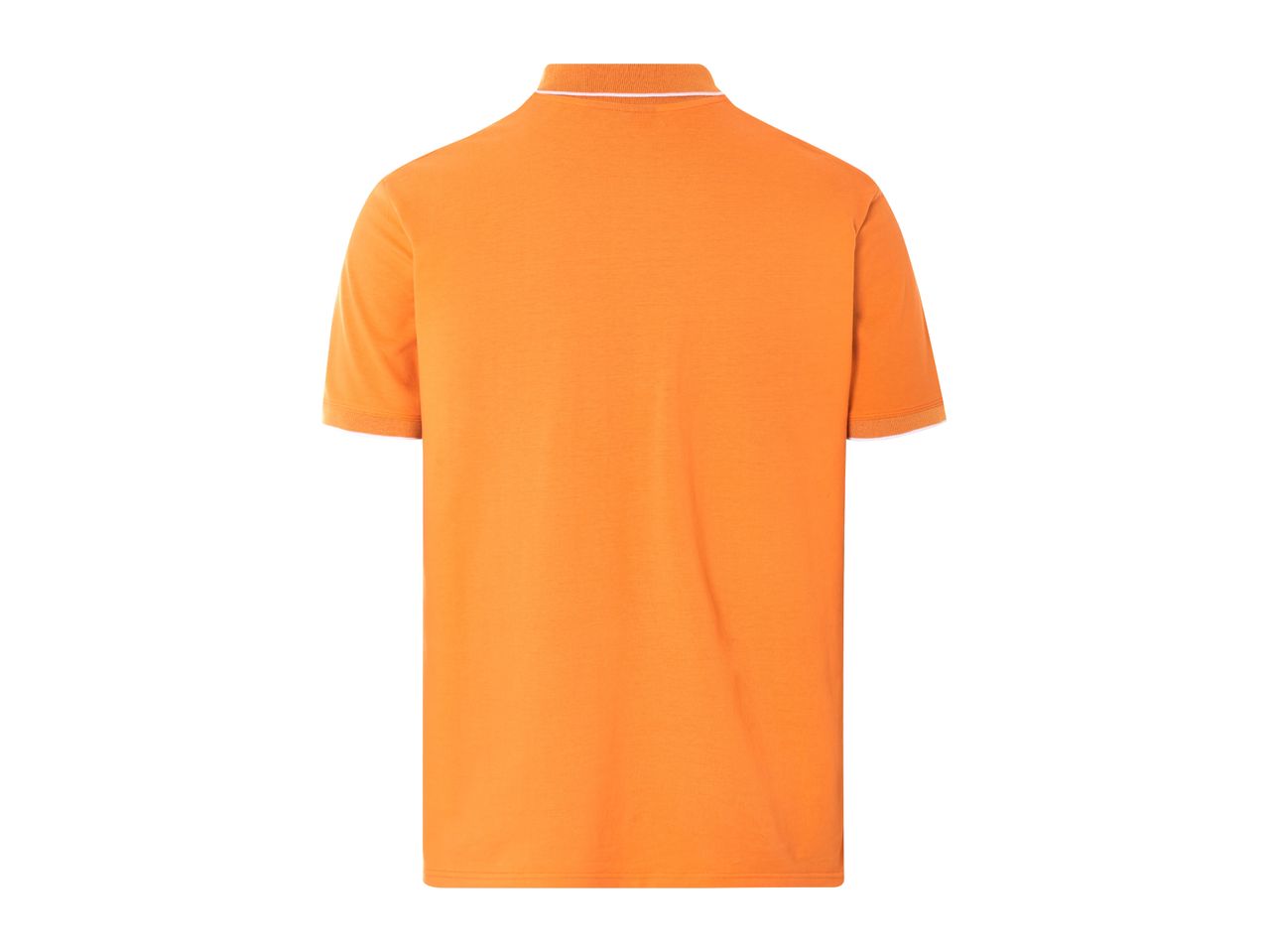 Back view of an orange polo shirt with white trim on the collar and sleeves.