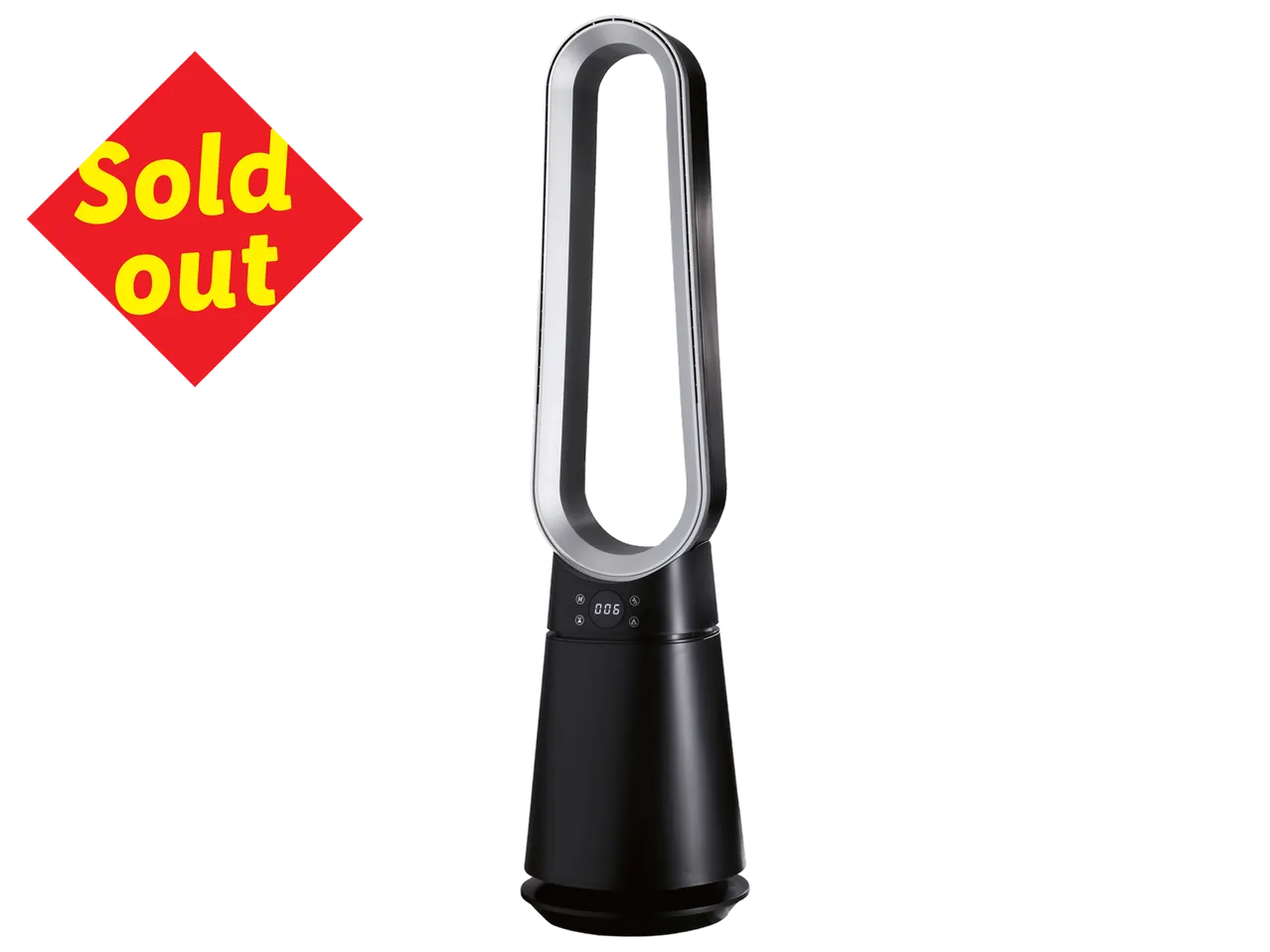 Black bladeless fan with a 'Sold out' sign.