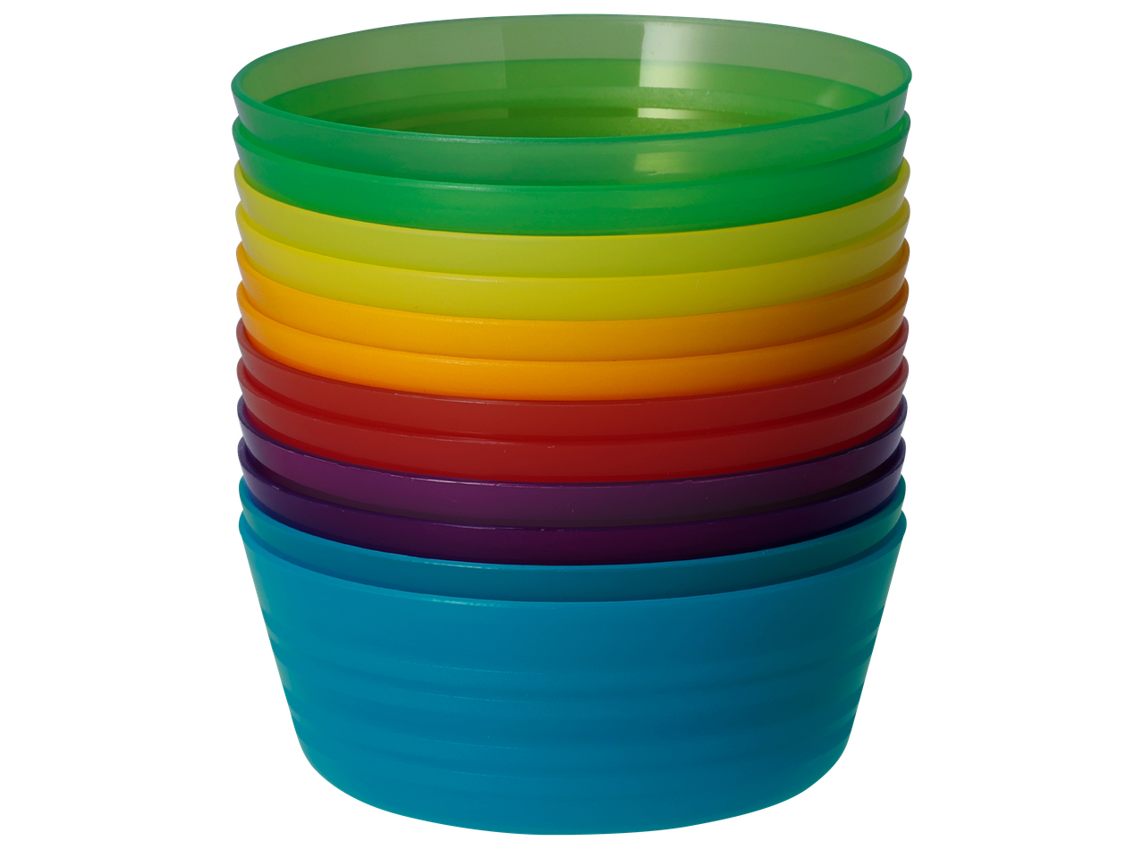 Подредени една върху друга пластмасови чаши в цветовете на дъгата.