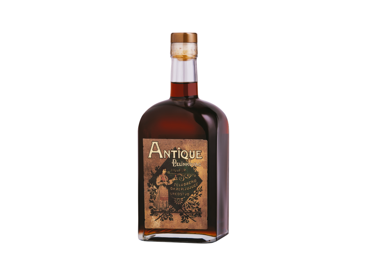 Boca Antique Pelinkovac likera s vintage etiketom na crnoj pozadini.