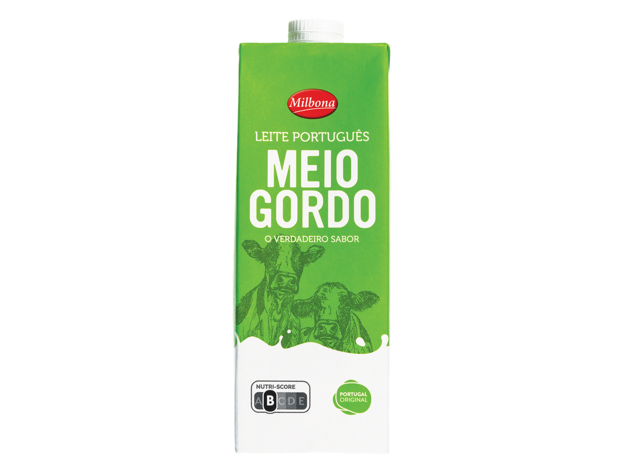 Embalagem de Leite Meio-Gordo MILBONA com vacas, Nutri-Score B e selo 'Portugal Original'.
