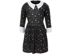 Black Halloween costume dress with white collar and cuffs, featuring skull and spiderweb patterns.