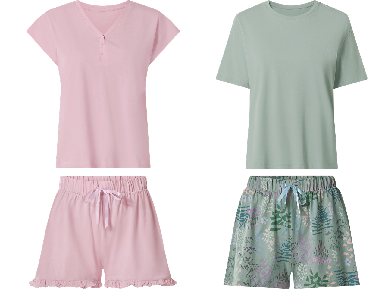 Två pyjamasuppsättningar: en rosa med volanger och en grön med blommigt mönster.