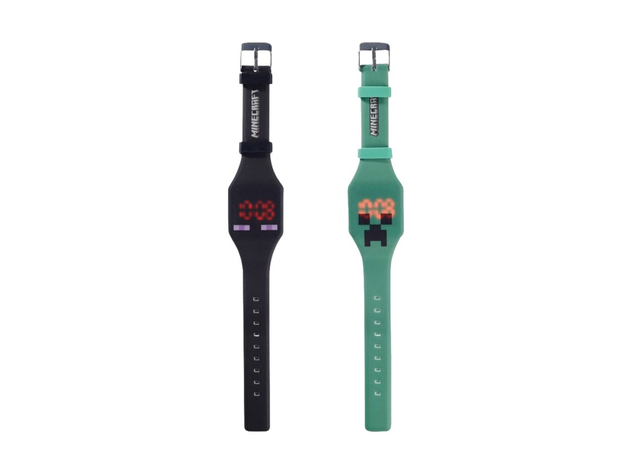 Zwei Minecraft-Uhren mit LED-Display, eine schwarze und eine grüne.