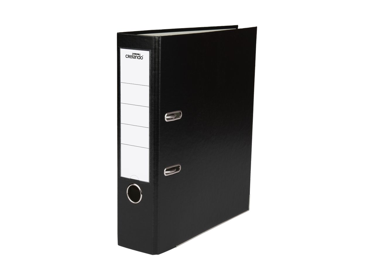 Black lever arch file with a white spine label and metal finger hole