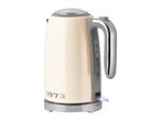 Cream-colored electric kettle with a chrome handle and base, showing water level indicator and a blue light.