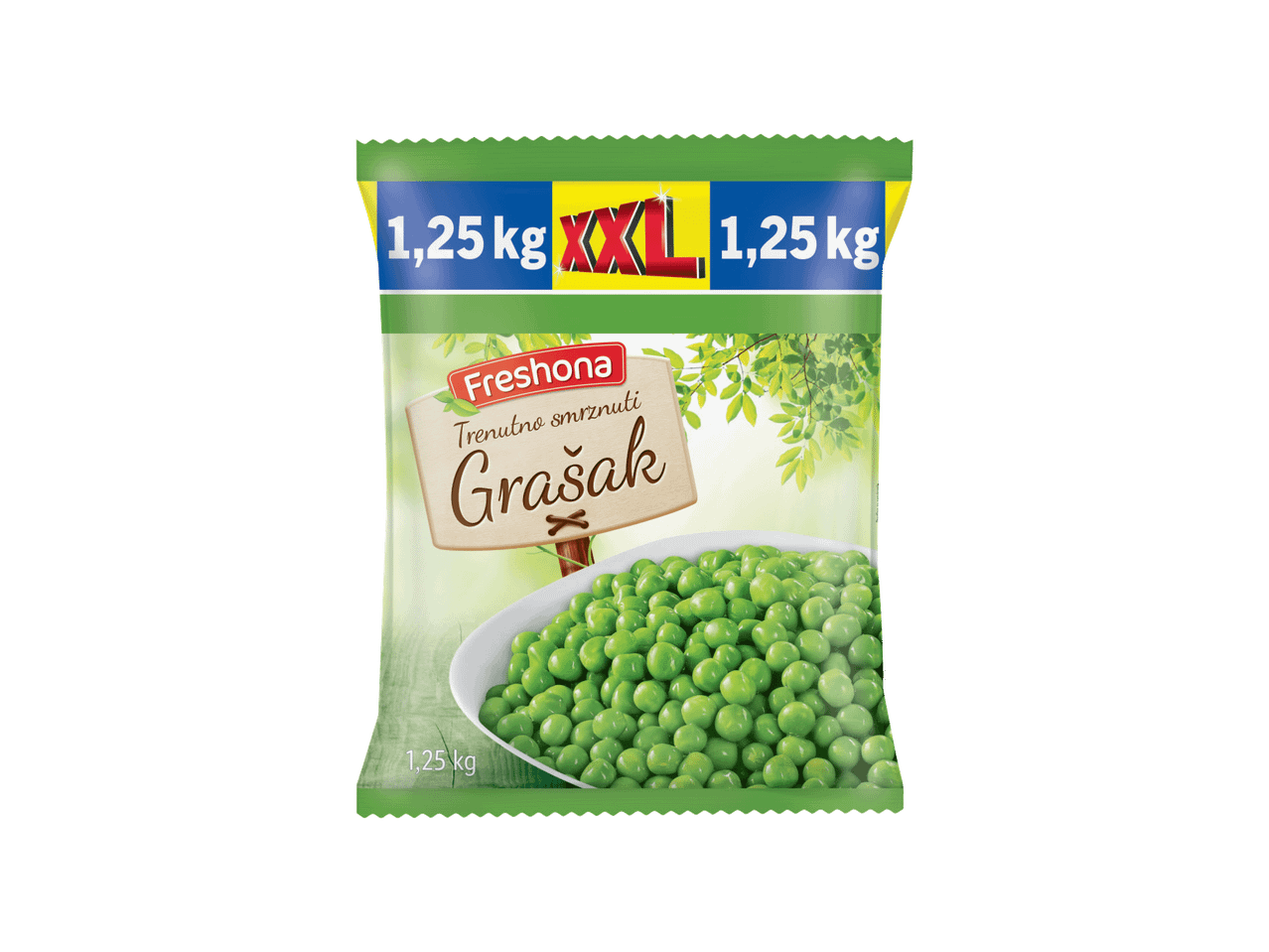 Pakovanje smrznutog graška od 1,25 kg sa natpisom 'Trenutno smrznuti Grašak' i slikom graška u činiji.