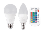 Zwei Livarno Home LED-Lampen und eine Fernbedienung auf schwarzem Hintergrund.