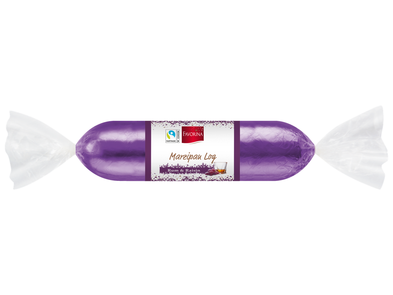 Violets marcipāna rullis caurspīdīgā iepakojumā, ar uzrakstu 'Favorina Marzipan Log Rum & Raisin'.