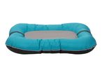 Rectangular pet bed with a blue padded rim and a grey sleeping surface.