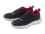 Ein Paar schwarze Turnschuhe mit pinkfarbenen Akzenten und weißen Sohlen.