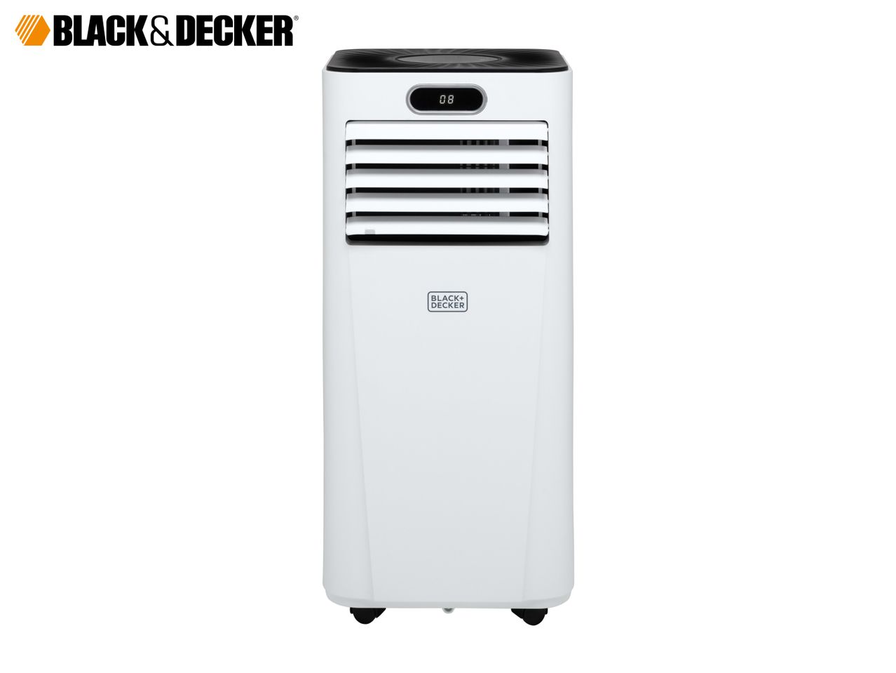 White portable air conditioner with a digital display showing '08' and a black top panel.
