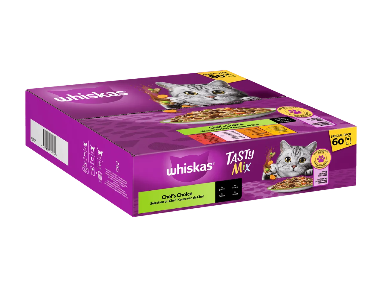 Multipack Nassfutter für Katzen mit 60 Beuteln, verschiedene Geschmacksrichtungen in Soße und Gravy.