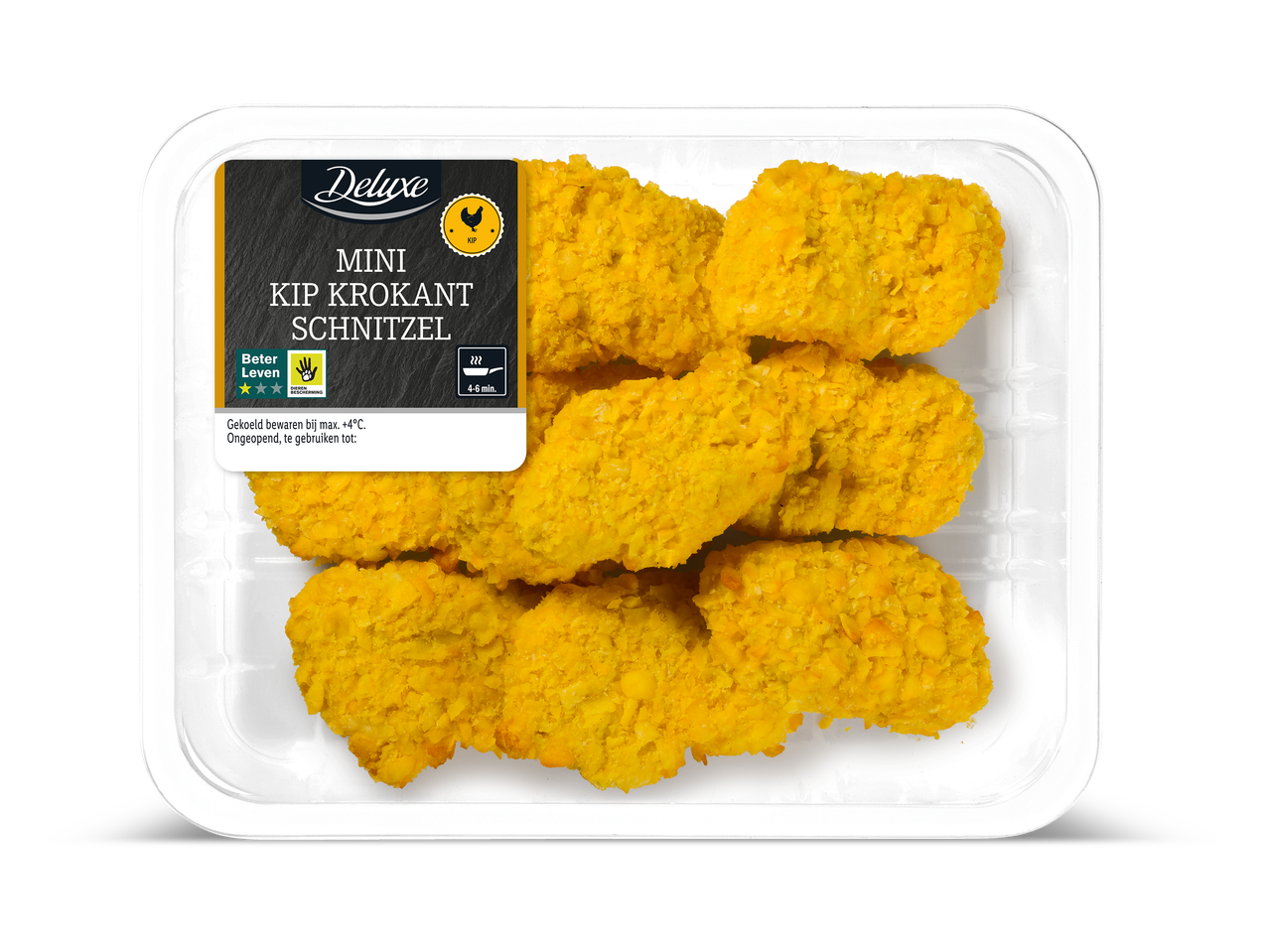 Verpakking met mini krokante kipschnitzels, met een label dat 'Beter Leven' en '4-6 min.' aangeeft.