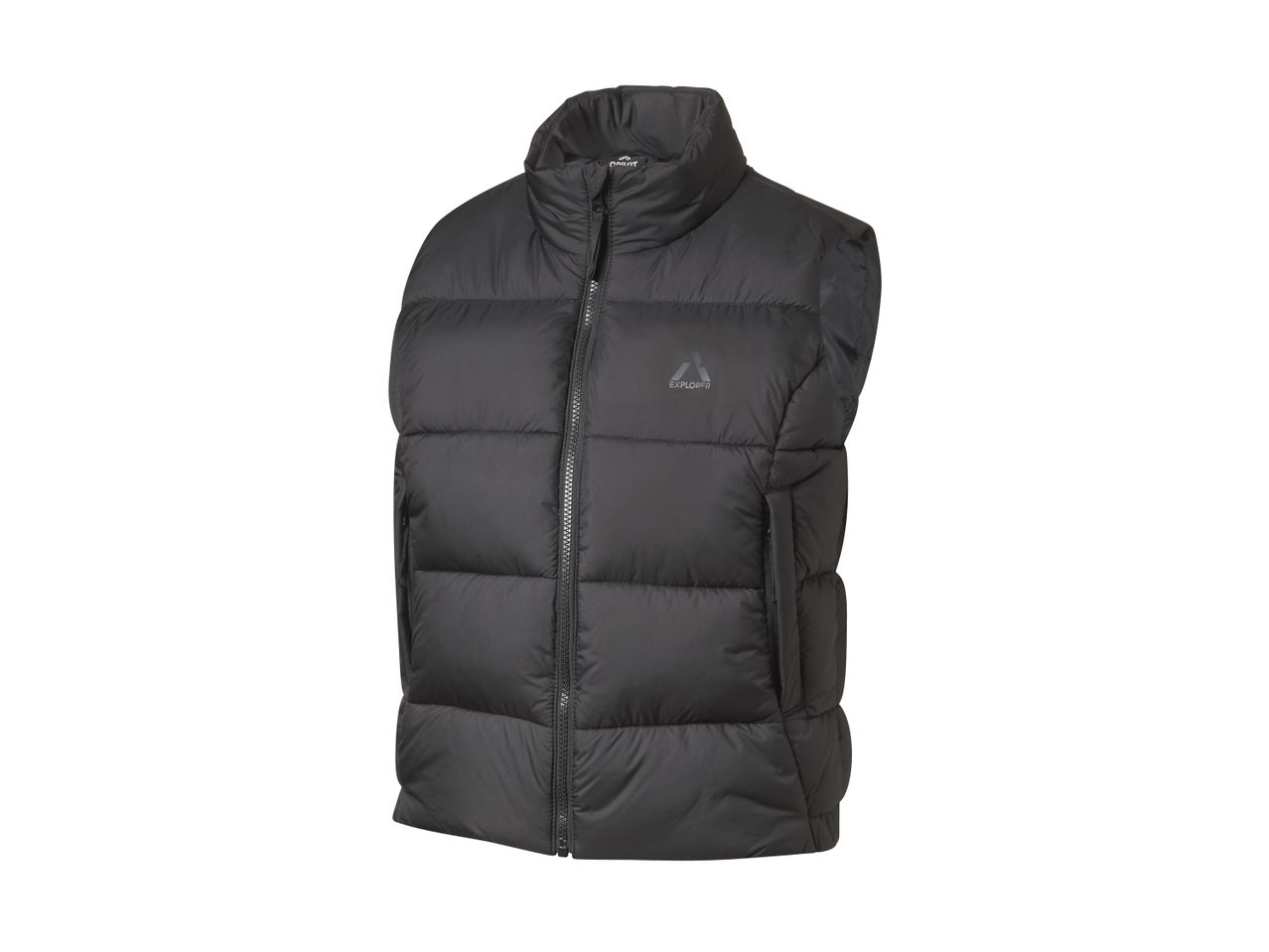 Black puffer vest with a high collar and front zipper