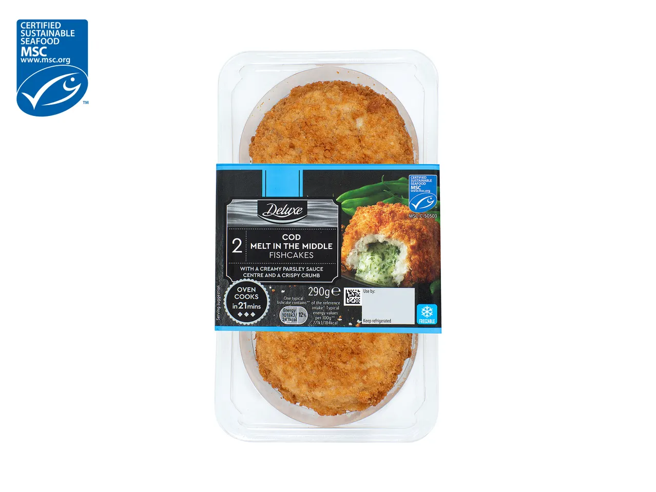 Two Deluxe cod fishcakes with creamy parsley sauce.