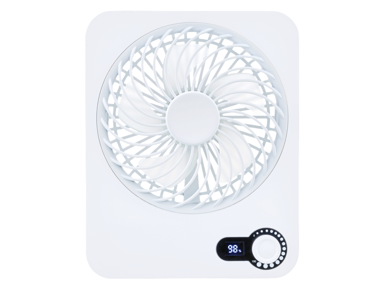 Valge TRONIC miniventilaator digitaalse 98% näidiku ja juhtnupuga.