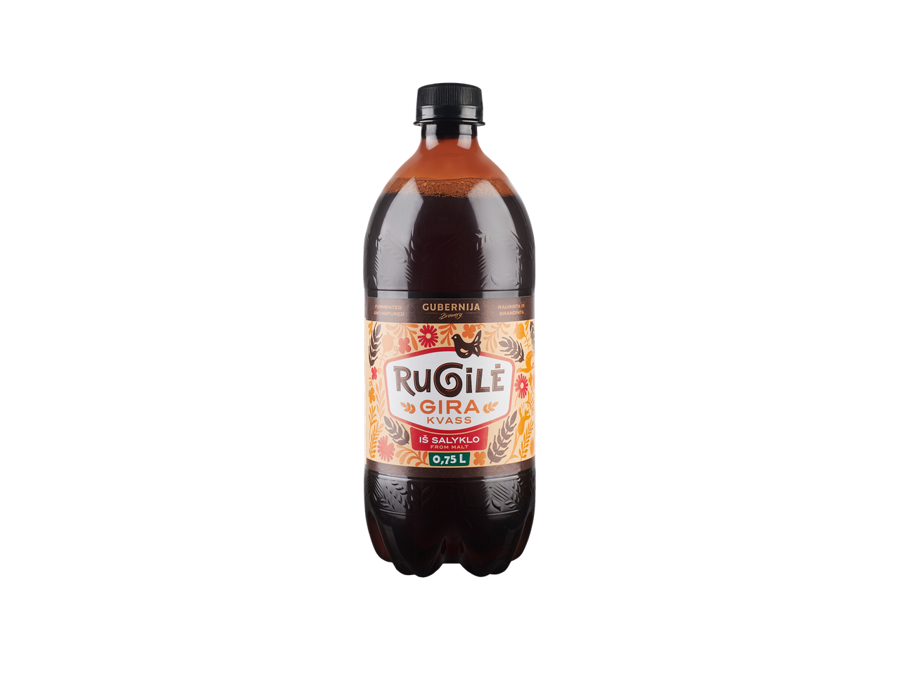 Rugilė Gira Kvass, tamsus gėrimas 0,75L plastikiniame butelyje.