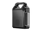 Black portable power station with a handle and a transparent side panel.