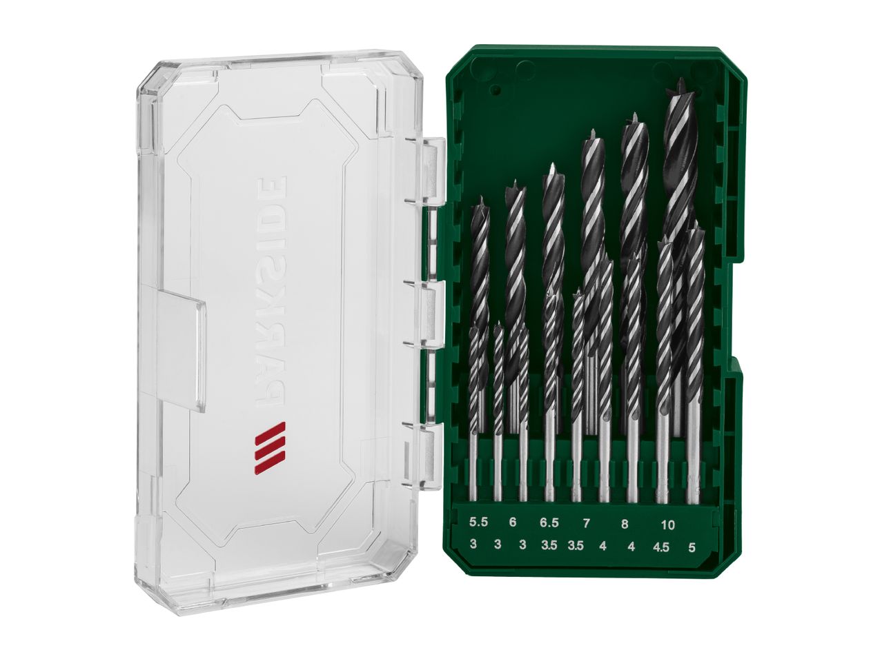 Drill bit set in a clear and green case, with various sizes of wood drill bits.