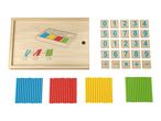 A wooden math learning set with counting sticks and number tiles.