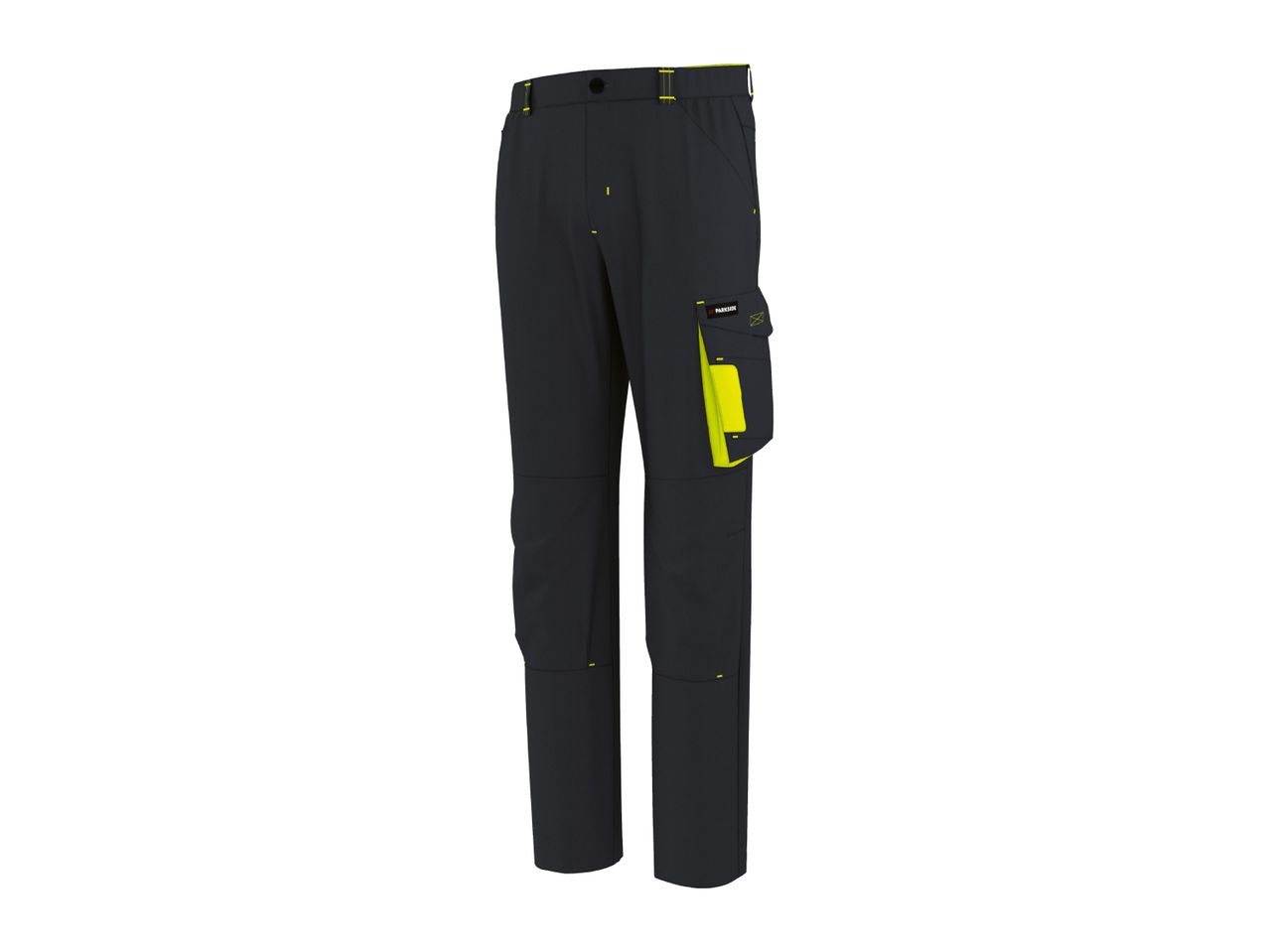 Dark grey work trousers with neon yellow accents and multiple pockets