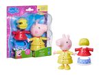 Peppa Pig dress-up toy with interchangeable outfits, including a yellow raincoat and red coat.