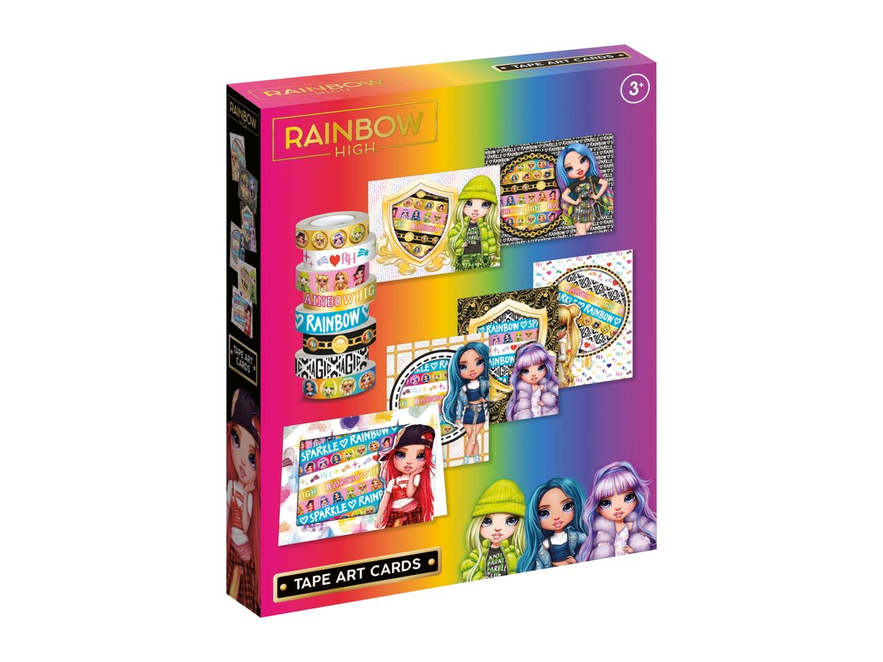 Rainbow-themed tape art cards set with various decorative tapes and character illustrations.