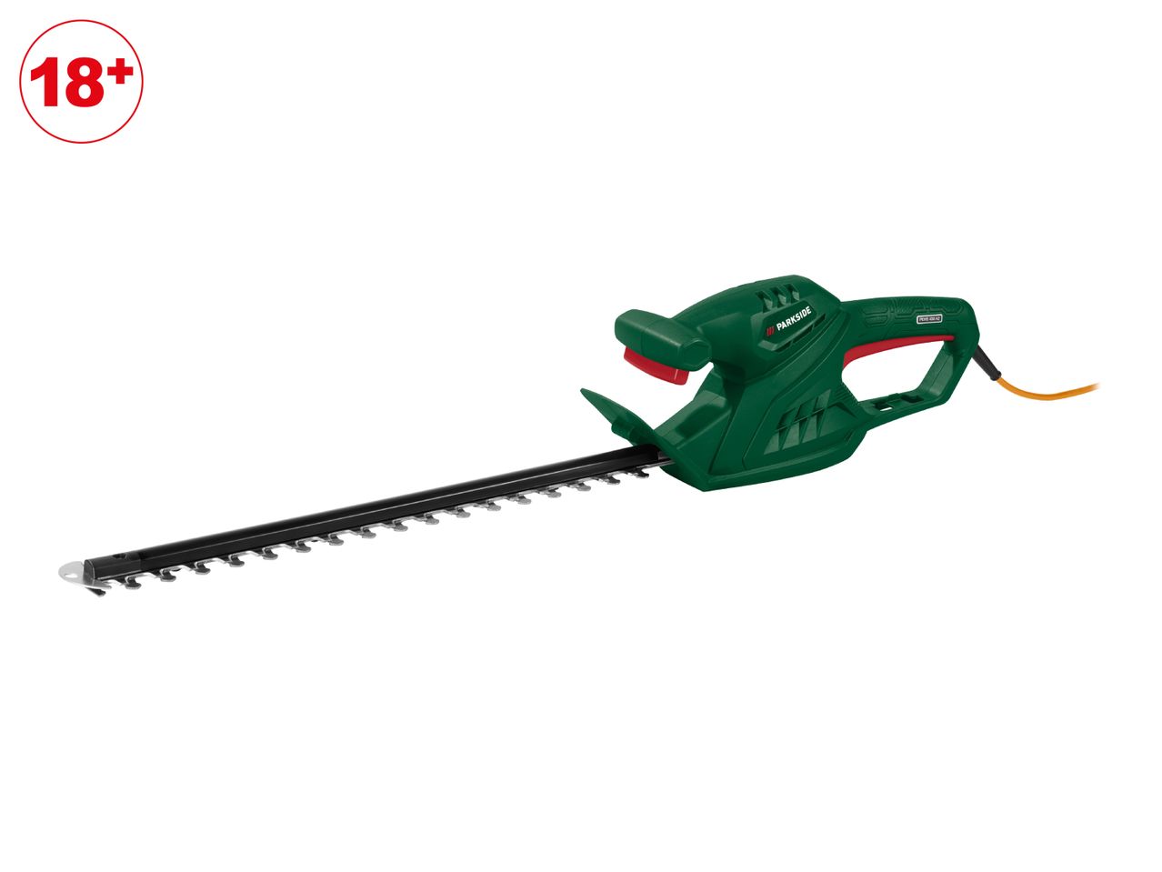 Green electric hedge trimmer with a long blade and an 18+ age restriction symbol.