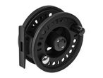 Black fly fishing reel with a perforated spool and a silver-colored knob.