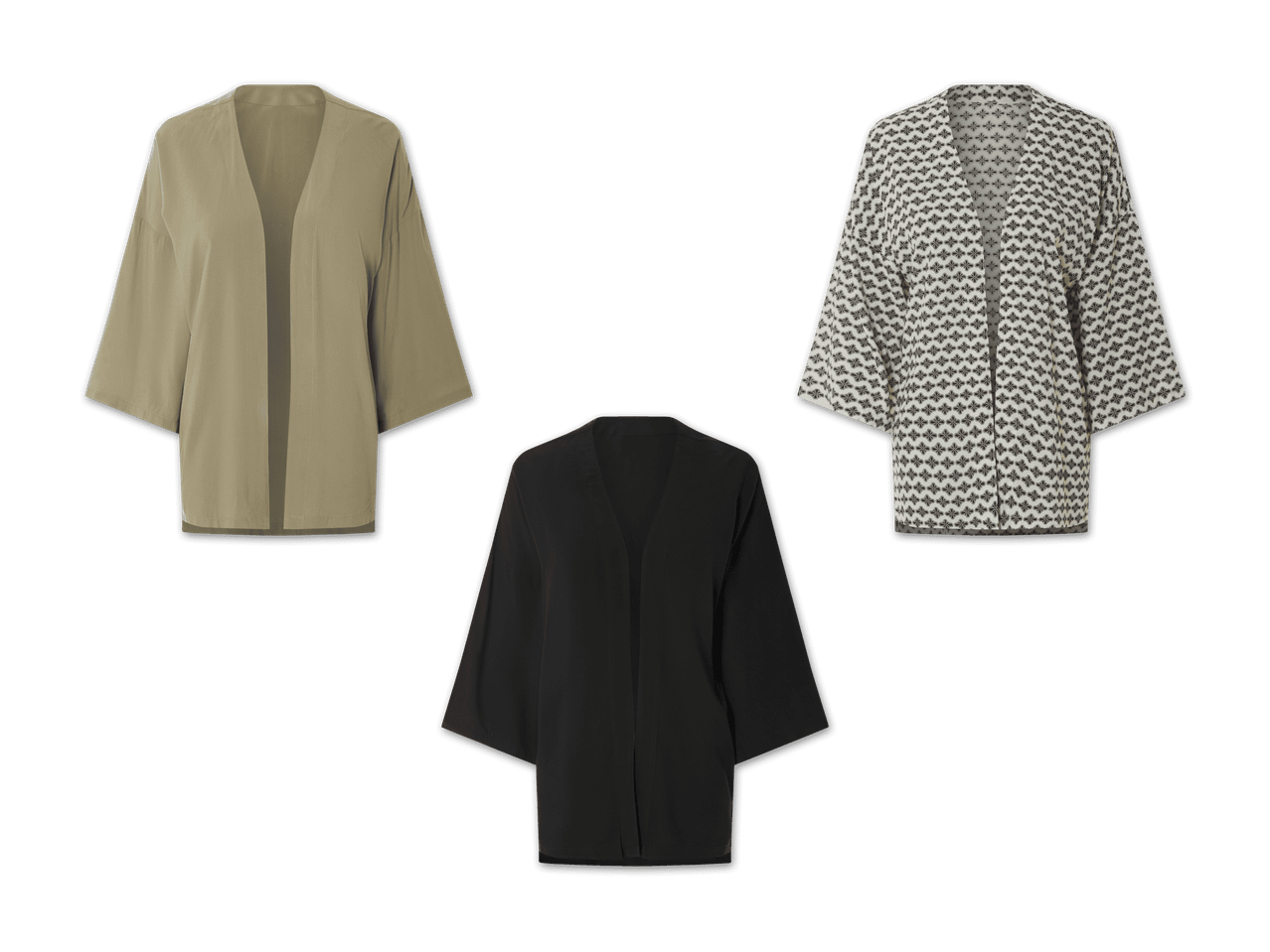 Drei Kimonos in Beige, Schwarz-Weiß und Schwarz.