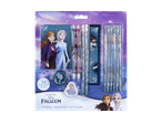 Skolesæt med 14 dele med Frozen-tema, inklusive blyanter, kuglepenne, lineal og viskelæder.