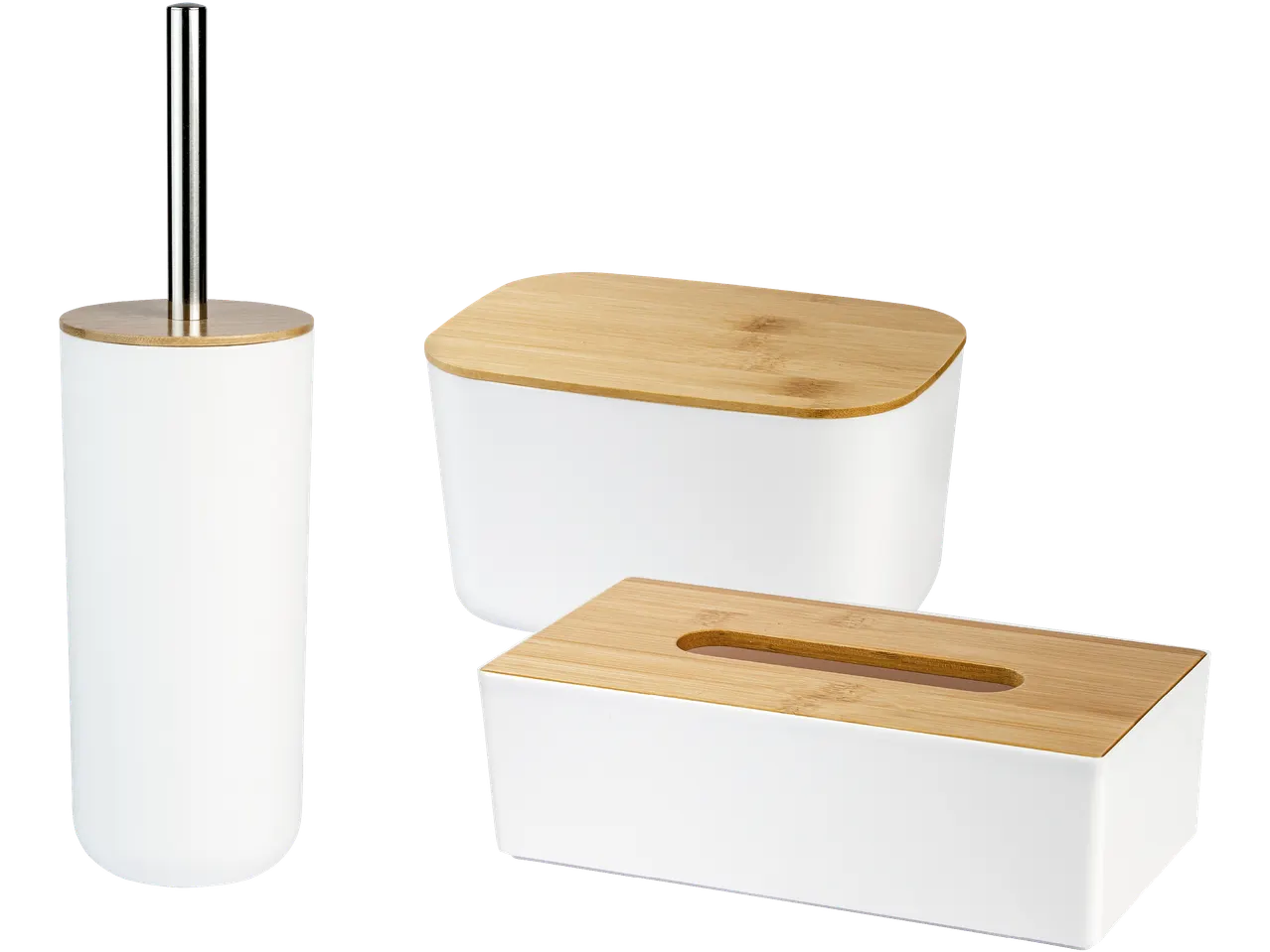 Toalettborste, papperskorg och tissuebox i vitt med bambulock.