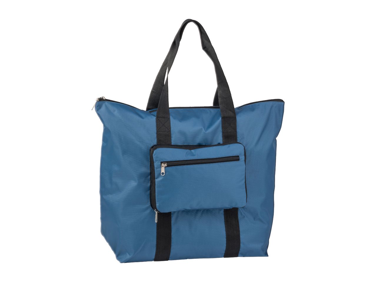 Blue foldable shopping bag with black handles and a front zippered pocket.