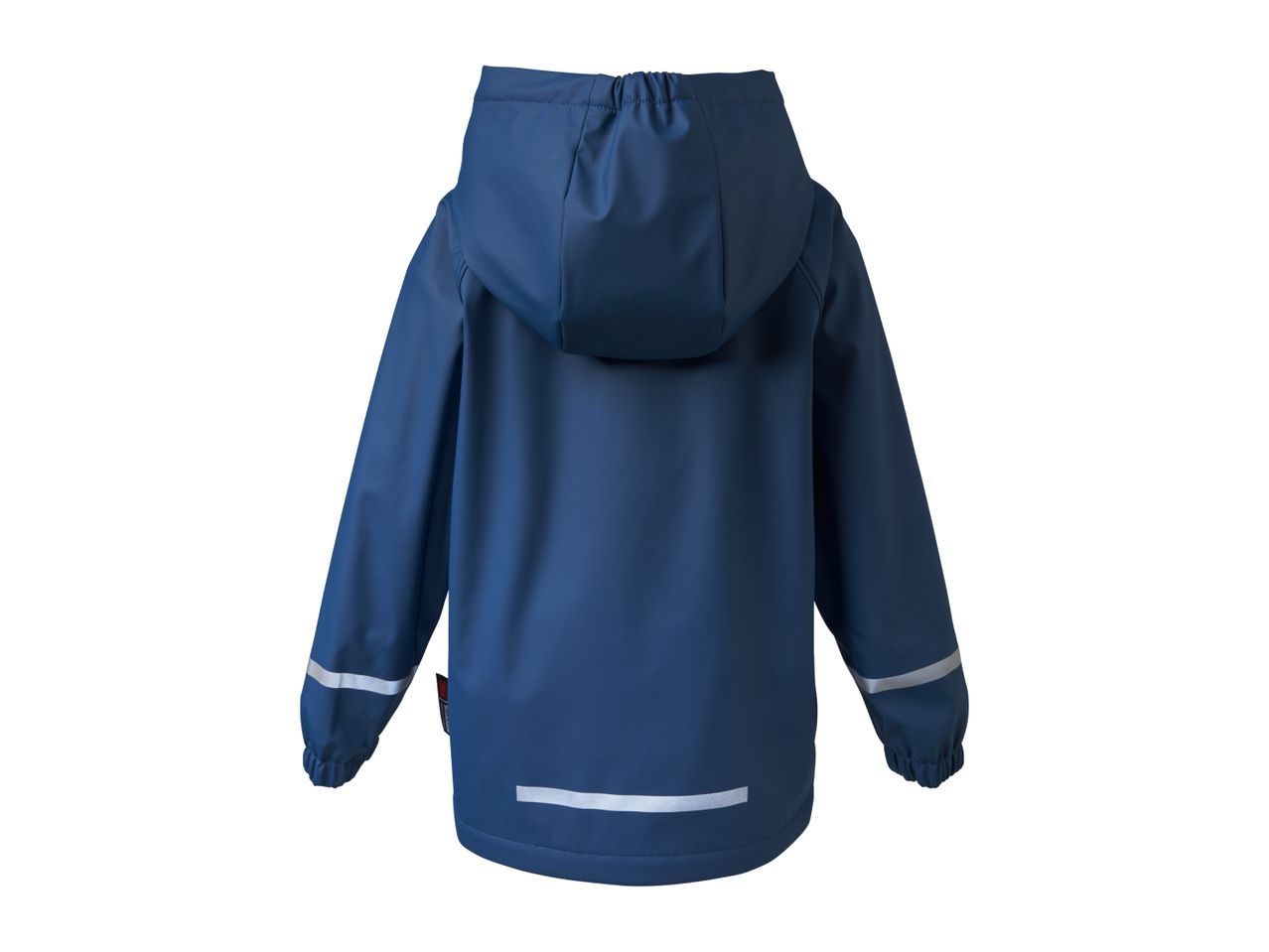 Back view of a navy blue children's rain jacket with a hood and reflective stripes.