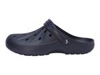 Dark blue slip-on clogs with ventilation holes and a movable heel strap.