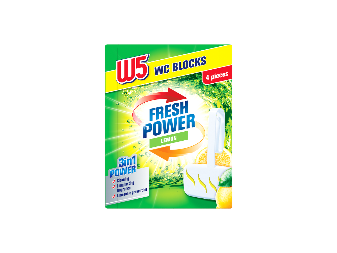 W5 blocuri WC Fresh Power Lemon, 4 bucăți, pentru curățare și parfum de lungă durată.