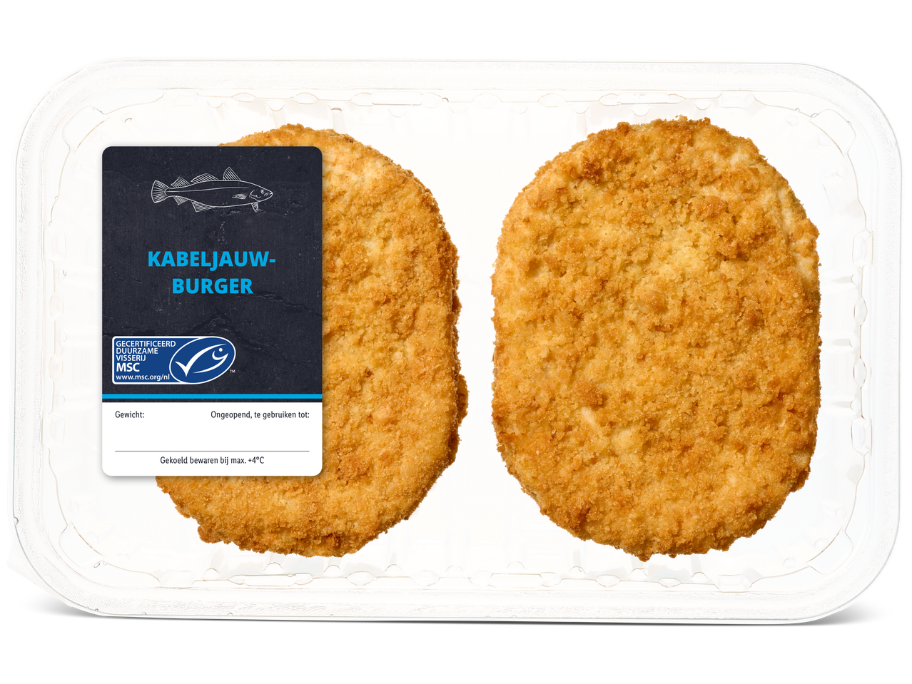 Twee gepaneerde kabeljauwburgers in een verpakking.