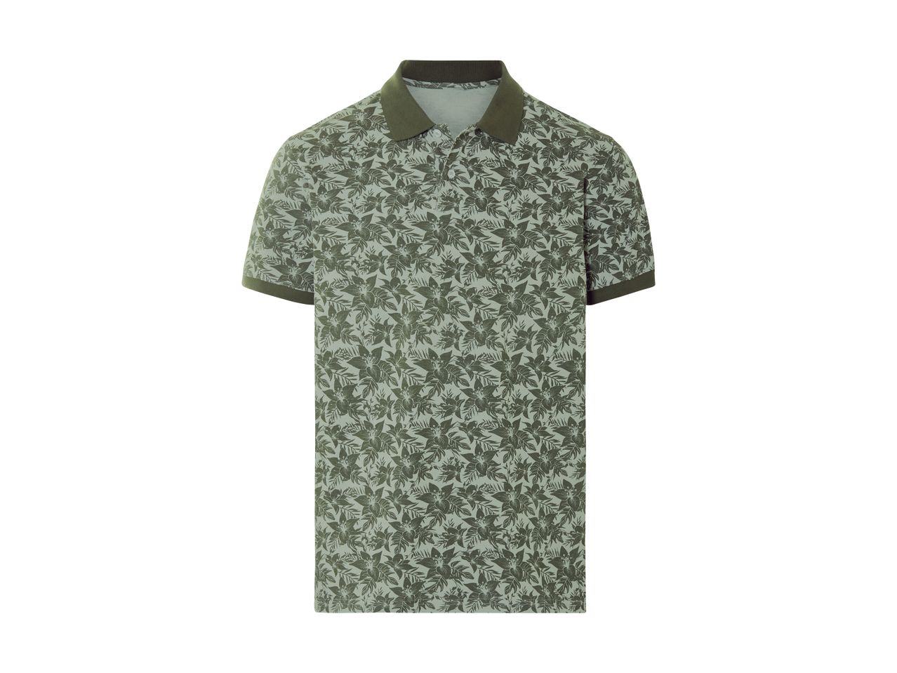 En grøn polo-skjorte med blomsterprint.