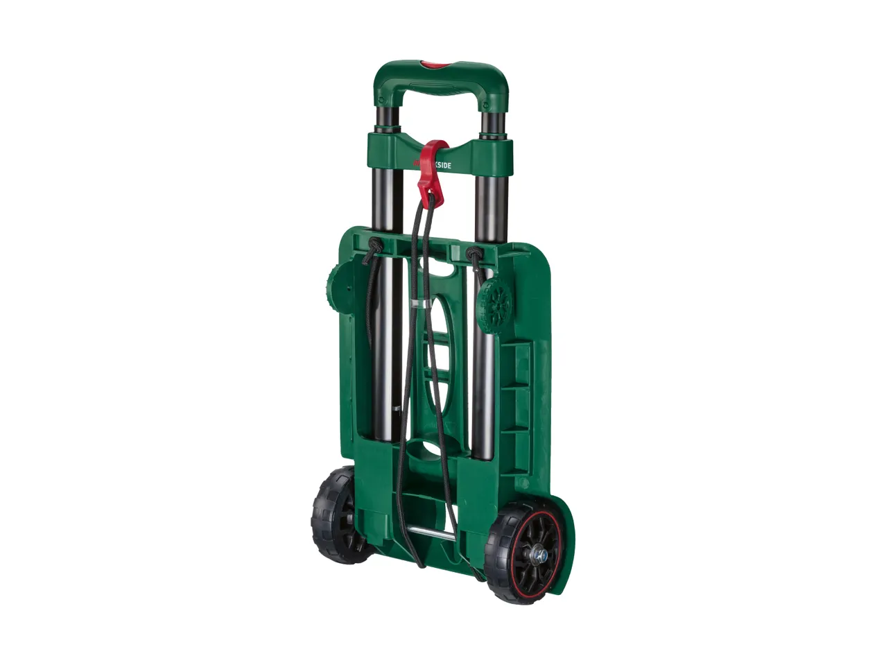 Foldable hand truck with green frame and black wheels