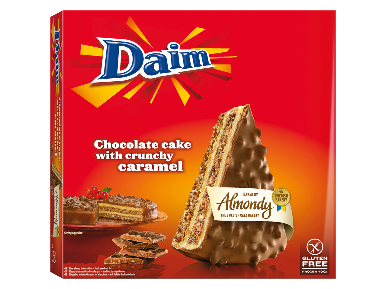 Daim chocoladetaart met knapperige karamel, gebakken door Almondy, glutenvrij, 400g bevroren.