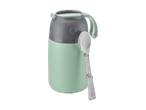 Thermobehälter in Mintgrün und Grau mit einem faltbaren Löffel aus Edelstahl.