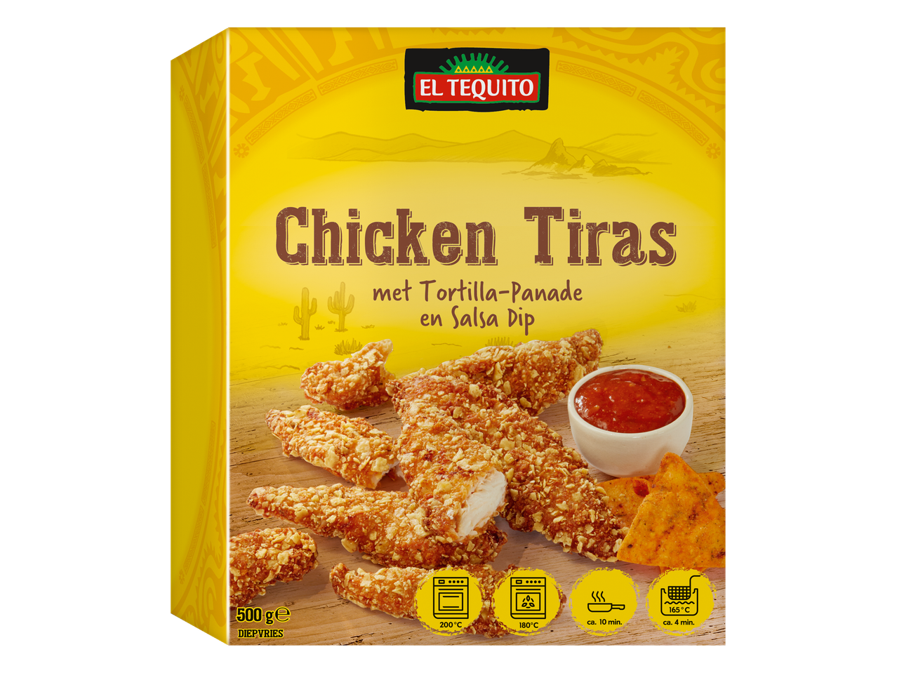 El Tequito kippenreepjes met tortilla-paneer en salsadip.